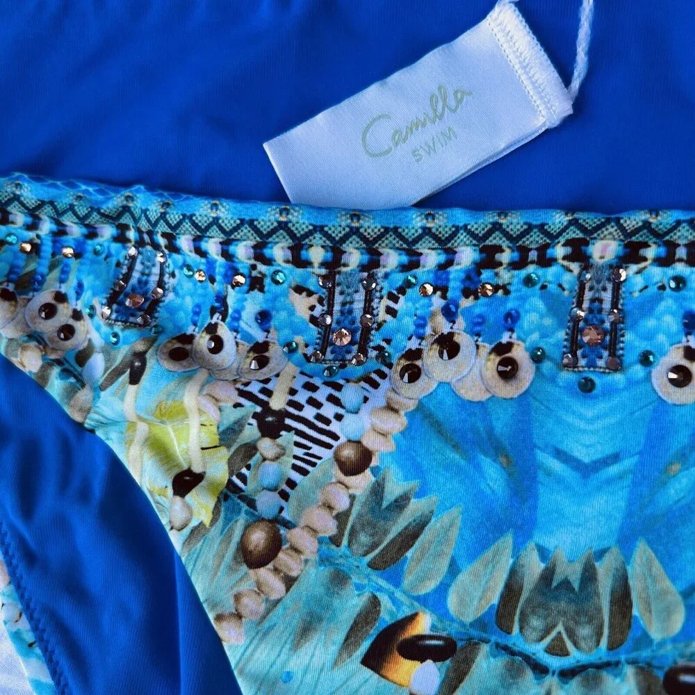 Camilla - Women's XL Bikini Bottom Side Tie Adjustable Blue Gem Beaded Luxury - Picture 4 of 10